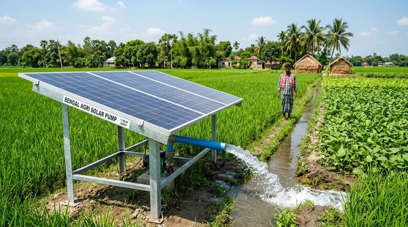 Agricultural solar water irrigation pump in Bengal farmlands